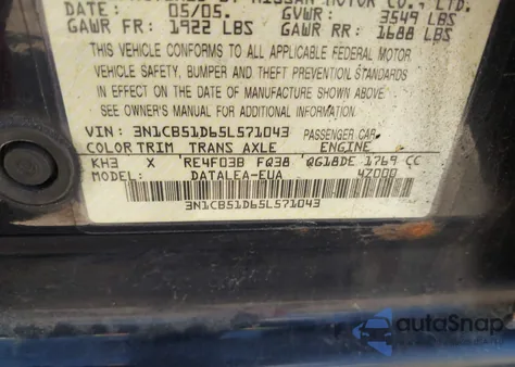 2005 Nissan Sentra 1.8S z USA, uszkodzony, nr VIN 3N1CB51D65L571043